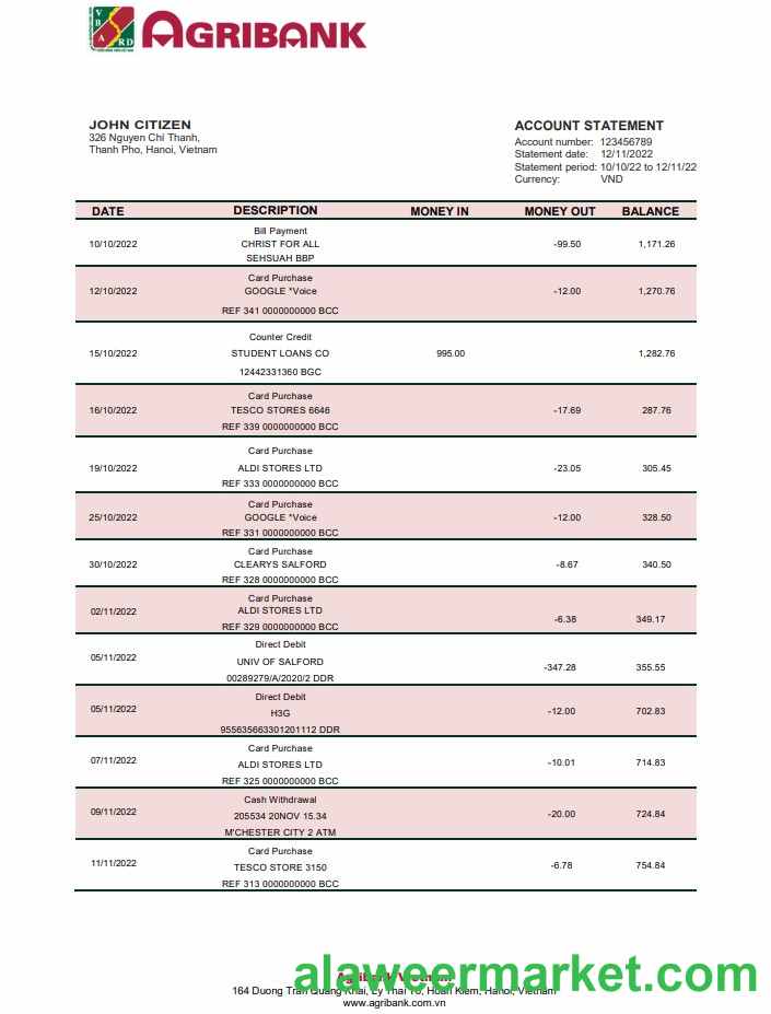 Vietnam Agribank bank statement